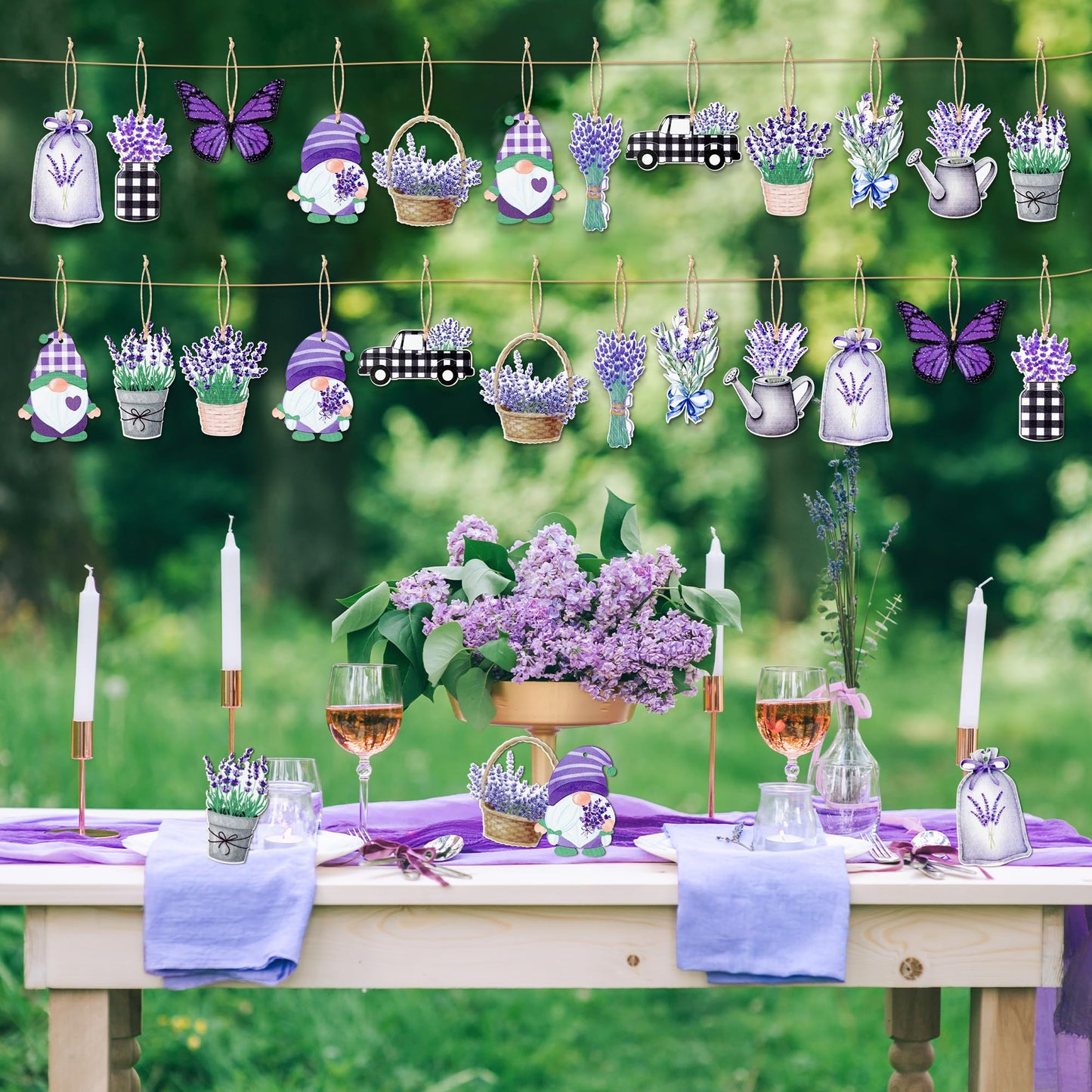 WATINC 37pcs Lavender Wood Hanging Ornament - Spring Summer Wooden Flowers Crafts Hang Decorations, Gnome Floral Tree Ornaments with Rope for Home Kitchen Holiday Party Decor Supplies (12 Styles)