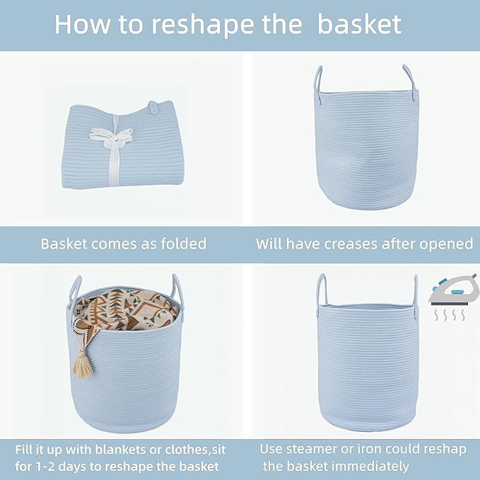 XUANGUO Cotton Rope Laundry Basket Hamper for Clothes Woven Storage Basket for Living Room Bedroom Boho Tall Rope Baskets for Blanket Toys Pillow Towels Baby Nursery Hamper Bin light blue