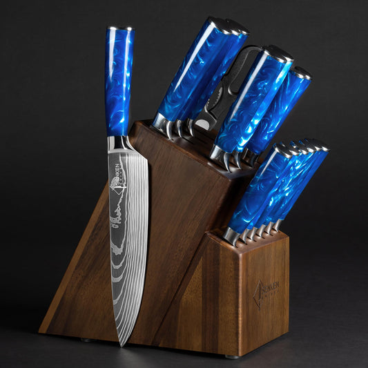 SENKEN 16-Piece Kitchen Knife Block Set - Japanese Chef's Knife Set with Laser Damascus Pattern, Includes 6 Steak Knives and Smoothly Finished Acacia Hardwood Knife Block (Blue Resin Handles)
