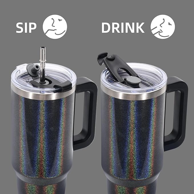 40 oz Shiny Tumbler with Handle and Straw,Stainless Steel Tumbler with Lid and Straw,Insulated Travel Mug(Cold for 34 Hours),Water Bottle for Iced Tea,Coffee (Black)