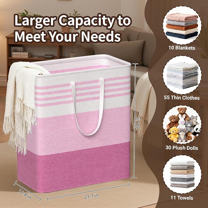 WOWBOX 2 Pack Laundry Baskets, Laundry Hampers, Freestanding Dirty Clothes Hampers with Reinforced Handles & Cross Stitch & Waterproof Coating, for Laundry Bedroom Bathroom Dorm,100L Pink