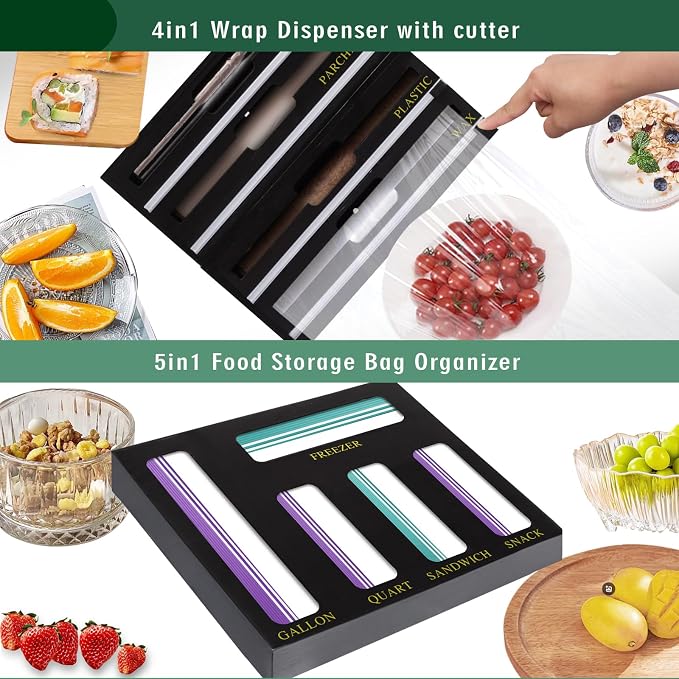 9 In 1 Storage Bag Organizer And Plastic Wrap Dispenser With Cutter, Bamboo Foil and Plastic Wrap Organizer