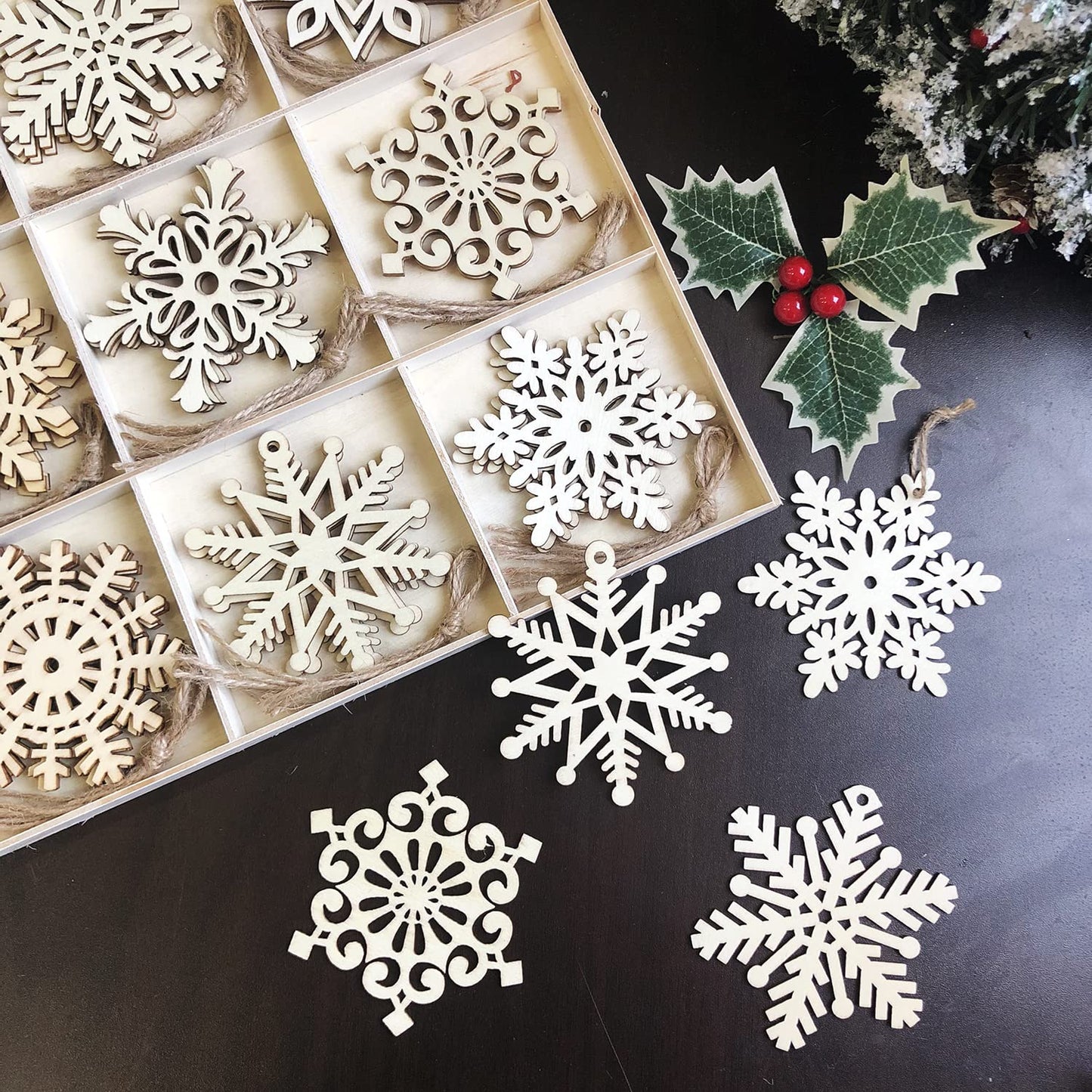 36pcs Large Christmas Wooden Snowflakes Hanging Ornaments DIY Craft Snowflake Wooden Ornaments Unfinished Wood Cutout Christmas Decorations Tree Decor Kids Paint