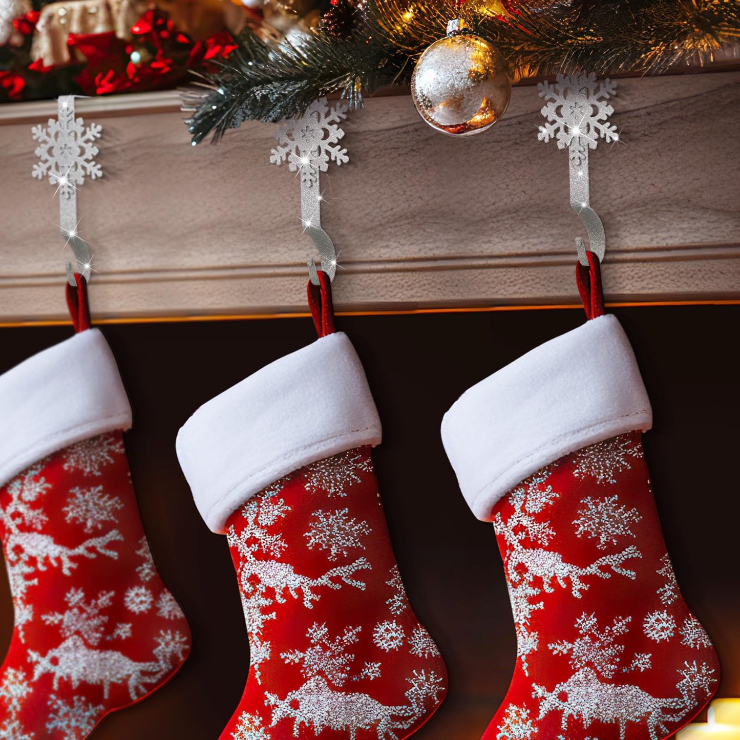 Gisafai Set of 12 Glitter Christmas Mantle Stocking Holders Snowflake Christmas Stocking Hangers Weighted Shiny Metal Fireplace Mantel Non-Slip Hooks for Xmas Party Decoration(Sliver)