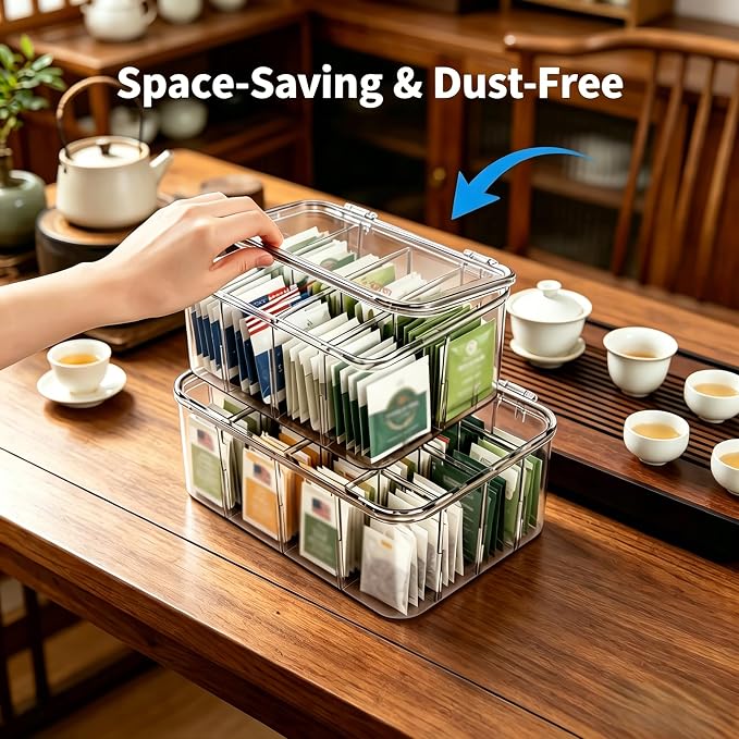 Tea Bag Organizer, 2 Pcs Clear Tea Organizers, Acrylic Storage Box with Lids, Stackable Partition Holder for Drawers, Countertops, Fridge, Kitchen (16 Compartments + 8 Compartments)