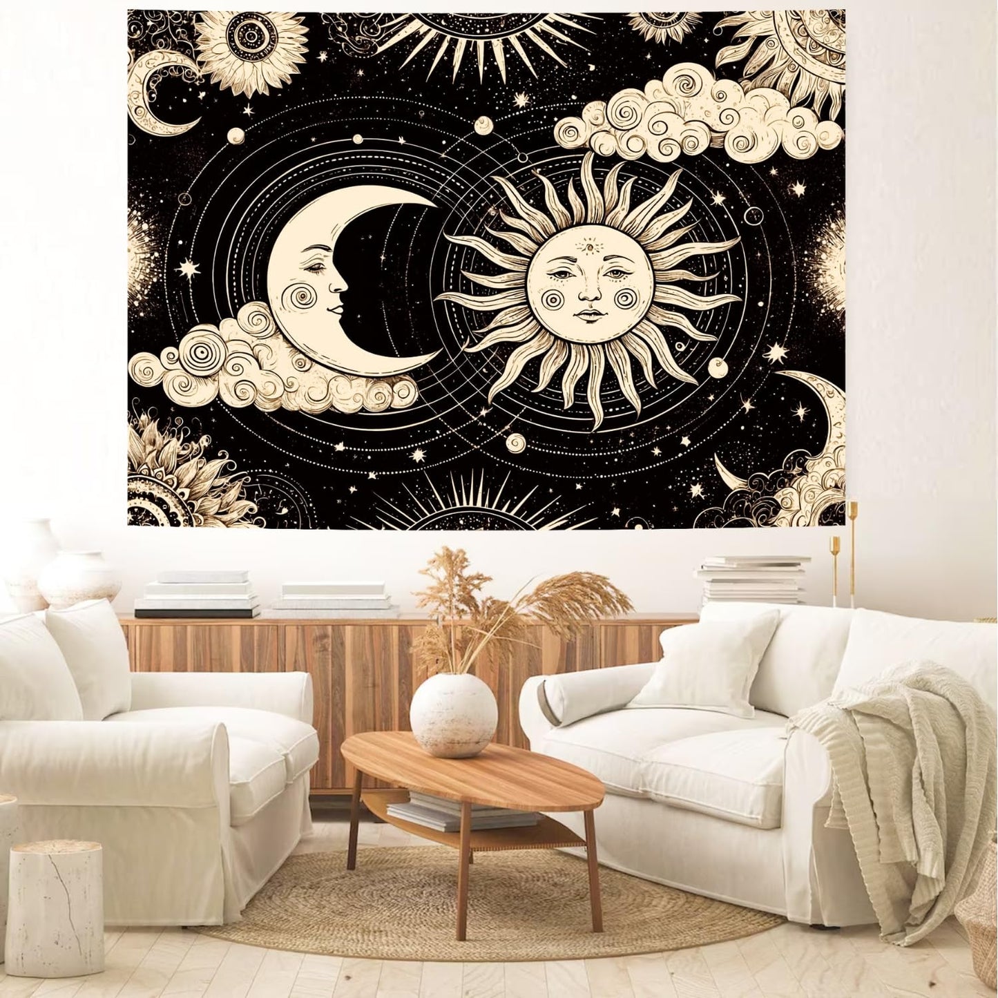 Delur Sun and Moon Tapestry Black Dark Boho Spiritual Burning Sun Tapestry Wall Hanging Mystic Aesthetic Cloud Abstract Star Psychedelic Headboard for Bedroom Living Room Home Decor (51.2" x 59.1")