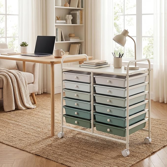 COSTWAY 12-Drawer Rolling Storage Cart, Utility Storage Organizer Cart for Tools, Scrapbook, Paper, Craft, Multipurpose Art Supply Organizer on Wheels for Home Office School, Teacher, Green Gradient