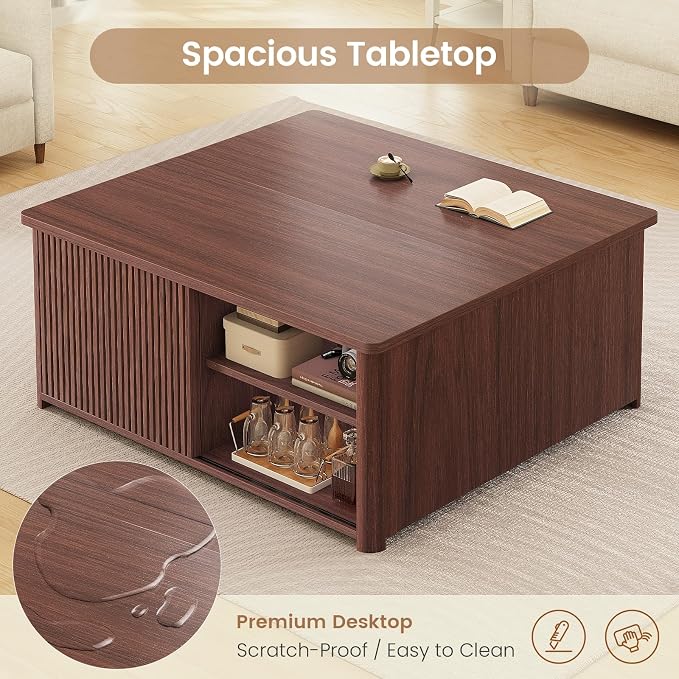 SEDETA 31.5" Lift Top Coffee Table with Storage, Square Coffee Tables for Living Room, Fluted Coffee Table with Large Hidden Storage Compartment and Adjustable Shelves, Walnut
