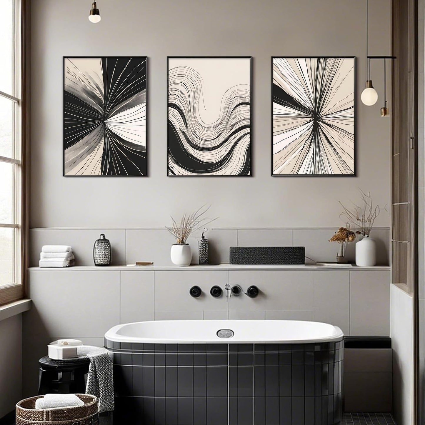 3Pcs Abstract Line Wall Art Modern Boho Neutral Line Wall Decor Mid-Century Paintings Geometric Minimalist Black and Beige Posters prints Artwork for Living Room Bedroom Office Home12x16in Unframed