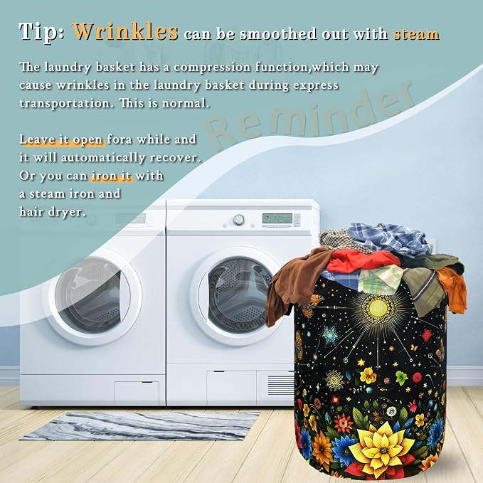 Colorful Flowers Butterfly Laundry Basket Moon Floral Laundry Hamper Foldable Oxford Cloth Beautiful Flower Tote Bag Clothes Toy Storage Bucket For Bathroom/Laundry Storage/Bedroom 18.9 x 16.5 Inch