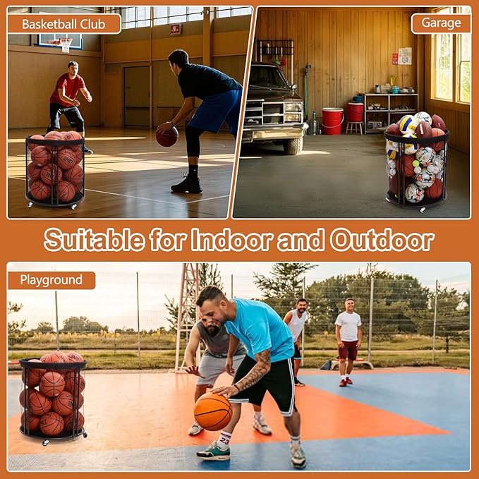 Ball Storage Bin for Garage, Balls Holder for Soccer, Basketball, Ball Cart, Rolling Basketball Rack for Outdoor, Indoor