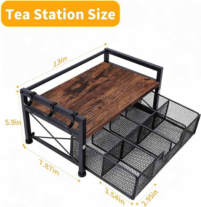 Tea Bag Organizer, Teabag Holder with Storage Drawer, Wood Tea Organizers and Storage Chest, Tea Station Chest Display Container Box for Countertop Kitchen (Rustic Brown)