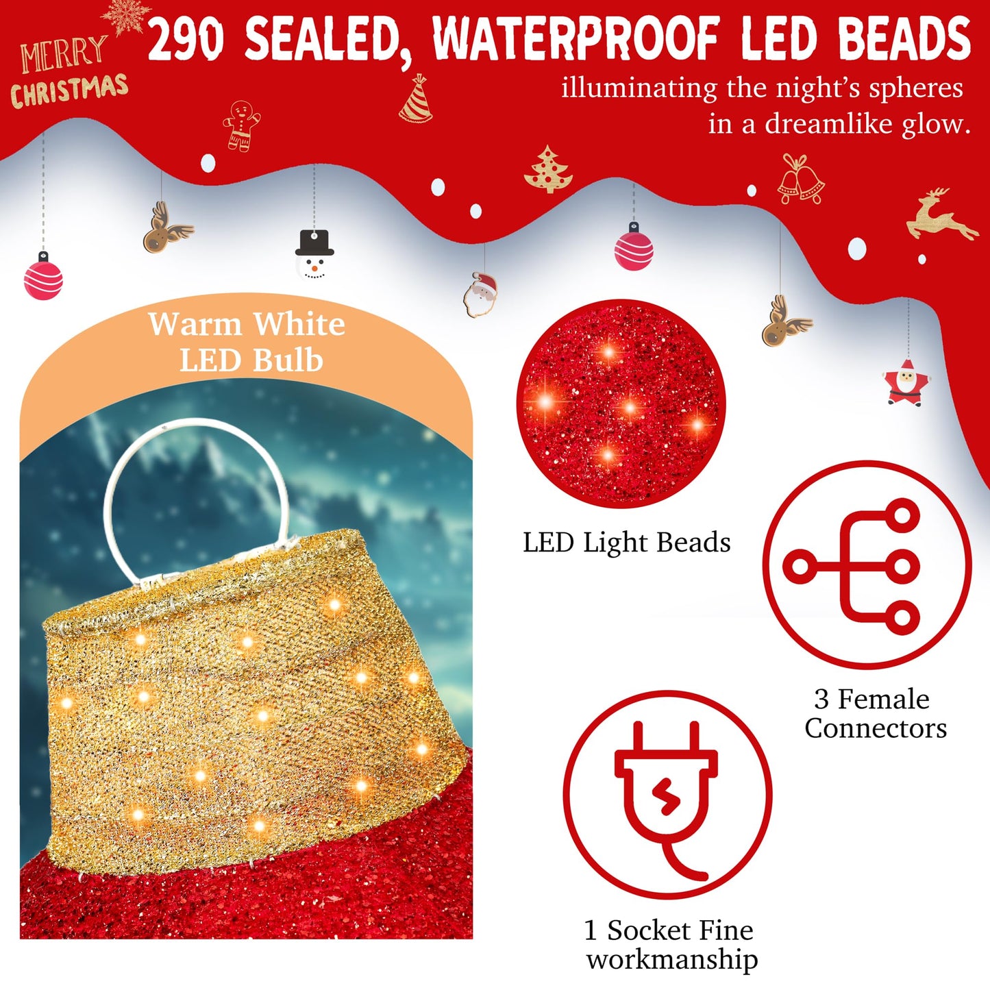 3Pcs 3FT Lighted Christmas Ornament Set Expandable Outdoor, Indoor Holiday Decor with 290 LED Lights, Easy Assembly & Weatherproof, Red & Green & Gold Light-Up Ball for Yard, Garden, Storefront.