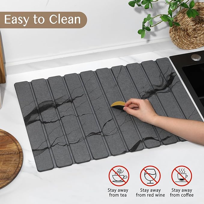Large Stone Dish Drying Mat for Kitchen Counter, Thin & Light Quick Dry Stone Dishes Mats, Foldable Water Absorbing Diatomite Drying Pad for Kitchen Bathroom Sink Countertop (Gray Ink 24"×16" & 8"x4")