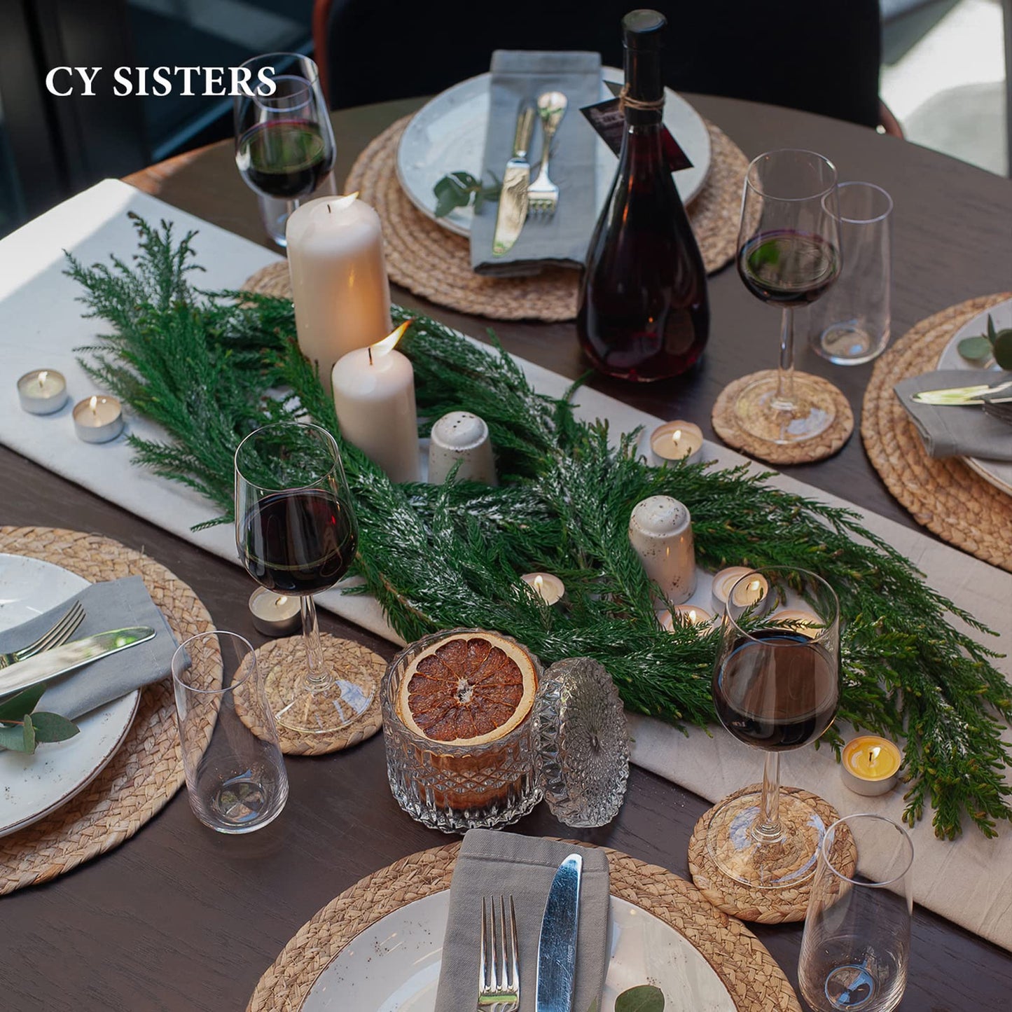 CY SISTERS Woven Placemats Set of 6 Rattan Placemats Rectangle Natural Placemats Wicker Heavy Braided Straw Placemat Farmhouse Square Plates Place mats for Indoor/Outdoor Patio Table 17.7'' X 11.8''