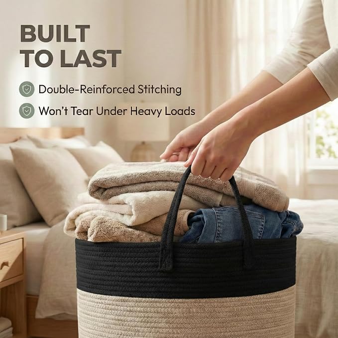 JMvicyroam 115L Extra Large Blanket Basket for Living Room - Woven Cotton Rope Laundry Hamper with Reinforced Handles - Storage Bin for Pillows, Comforters & Toys - Machine Washable,Black&Jute
