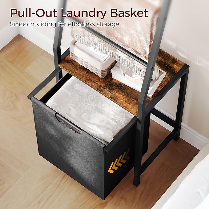 MAHANCRIS Blanket Ladder, 4-Tier Towel Rack with Pull-Out Laundry Basket & Removable Hooks, Ladder Shelf Stand, Wall-Leaning Blanket Rack for Living Room, Bedroom, Rustic Brown and Black TRHR4401