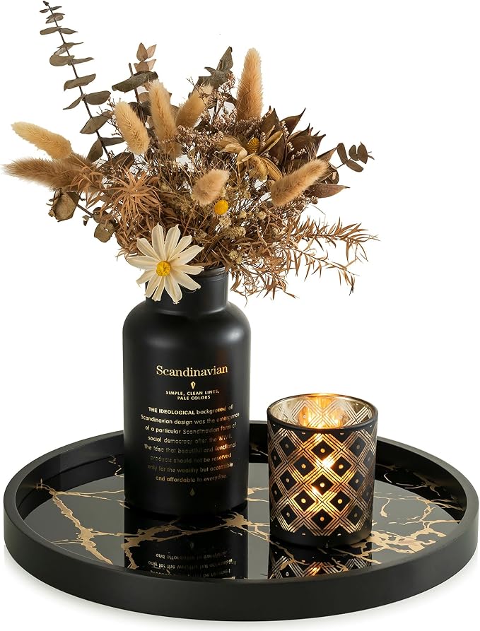 Hanobe Decorative Tray for Home Decor: Black Imitation Marble Round Serving Tray 11.8" Modern Coffee Table Centerpiece for Display Bar Table Living Room Entryway Kitchen Corner