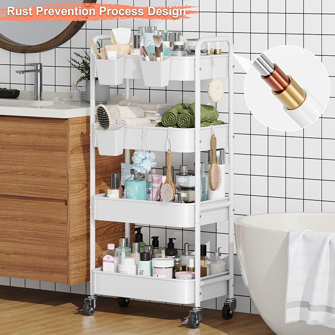 Heavy Duty 4 Tier Rolling Storage Cart Metal with Wheels, White Four Tiered Utility Roller Carts Organizer on Wheels for Art, Craft, Baby Diaper Caddy, Snack, Book, Large-Capacity Shelving Units, 37in