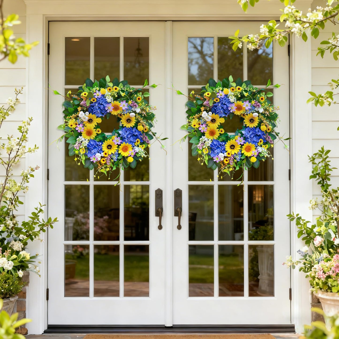 Pinkpuii Spring Wreaths for Front Door Outside- 24 Inch Spring Summer Wreath with Sunflowers,Lifelike Blue Hydrangea Flower Wreath for Indoor Outdoor Mantel,Window,Wall,Home Firplace Hanging Decor