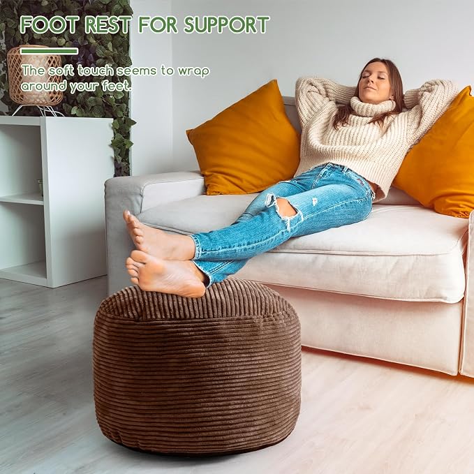 HIGOGOGO Round Stuffed Pouf Ottoman, Corduroy Poufs with Foam Chunk Filling, Furry and Fluffy Pouf Foot Stool Storage Ottoman, 26 X 18 Floor Poufs Foot Rest for Living Room, Brown