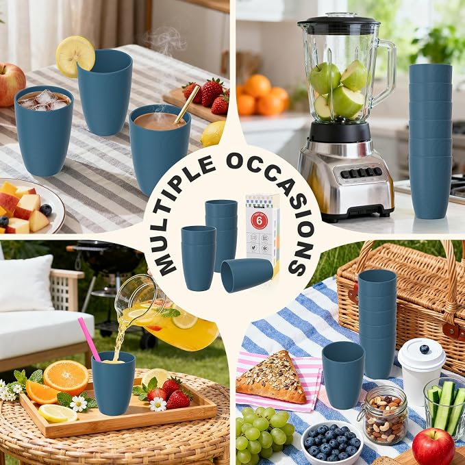 Wheat Straw Drinking Cups Set of 6, 16 OZ Unbreakable & Lightweight Plastic Cups Reusable, Dishwasher Safe Tumblers for Camping, Kitchen, RV, Party， Dark Blue