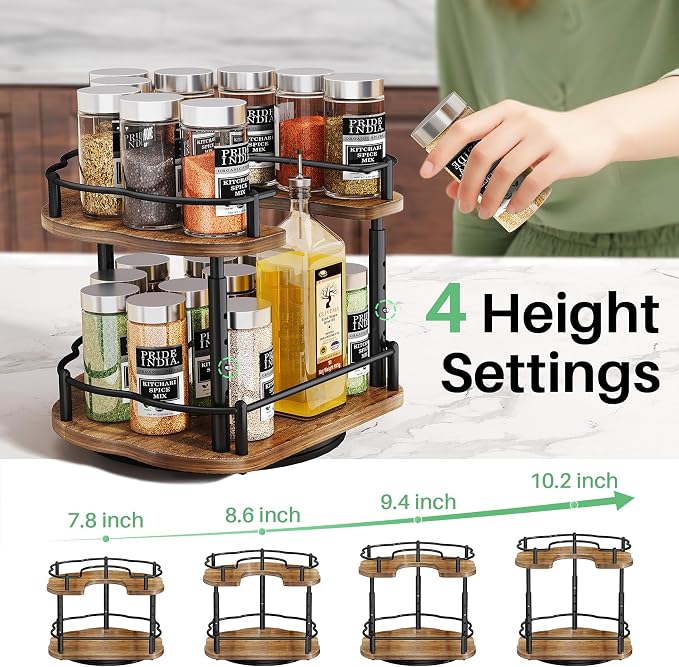Lazy Susan Organizer Spice Rack - Spice Organization for Cabinet Height Adjustable Rotating Lazy Turntable, Pantry Kitchen Wood Revolving Seasoning Organizer (Vintage, 9 Inch)