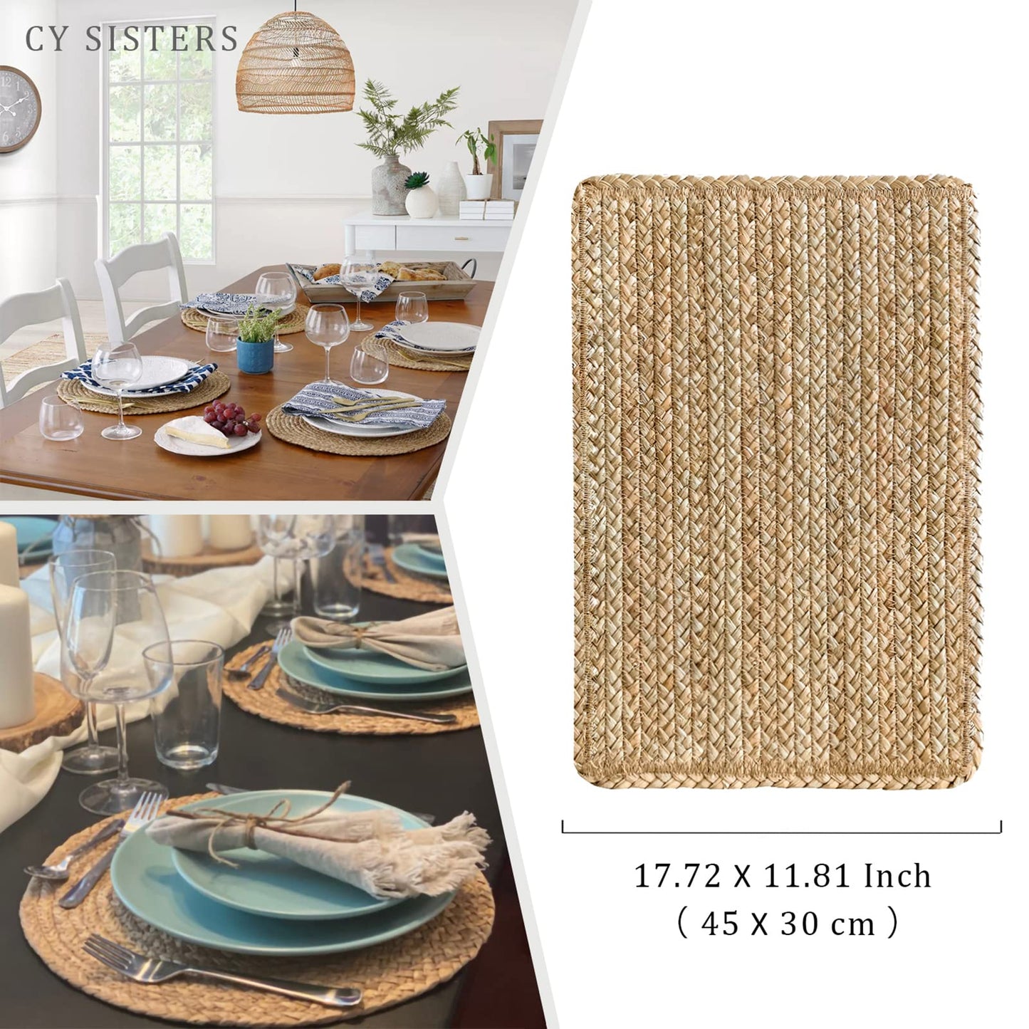 CY SISTERS Woven Placemats Set of 6 Rattan Placemats Rectangle Natural Placemats Wicker Heavy Braided Straw Placemat Farmhouse Square Plates Place mats for Indoor/Outdoor Patio Table 17.7'' X 11.8''
