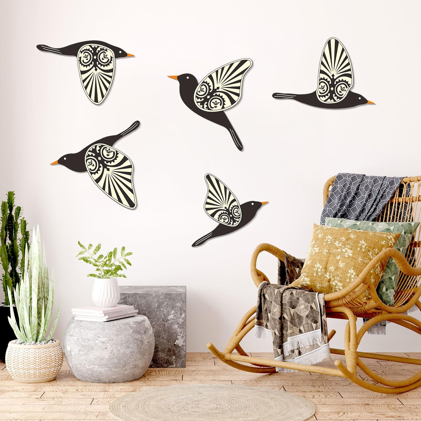 KOYILTD 5 Piece Wooden Bird Wall Decor Sculptures Wood Boho Flying Bird Wall Art Scandinavian Home Wall Decor for Farmhouse Living Room Bathroom Dining Room Kitchen Office (Rustic)