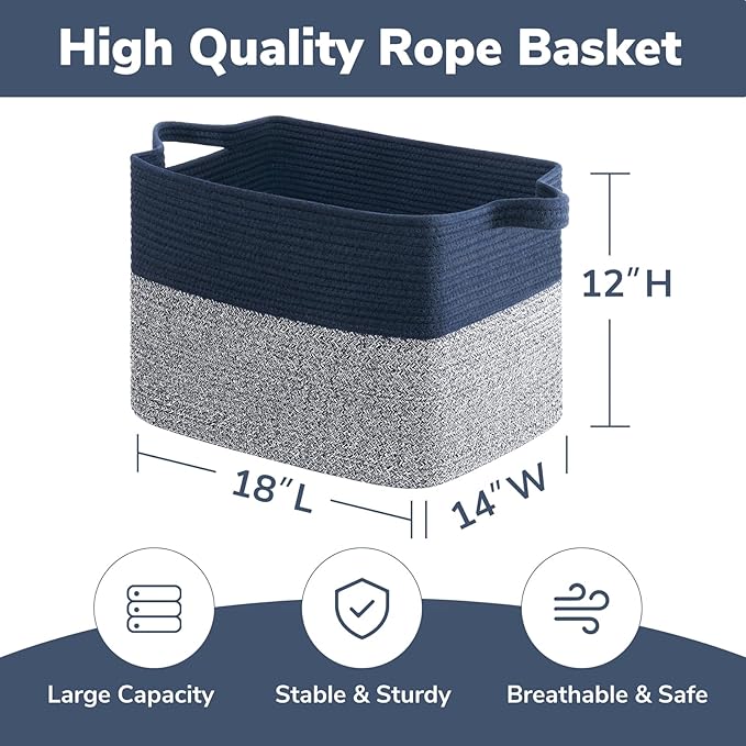 Goodpick Woven Baskets for Organizing, 18" x 14" x 12" Large Storage Basket for Living Room Bedroom, Decorative Toy Baskets Storage Kids Rectangle Blanket Basket with Handles, Dark Blue
