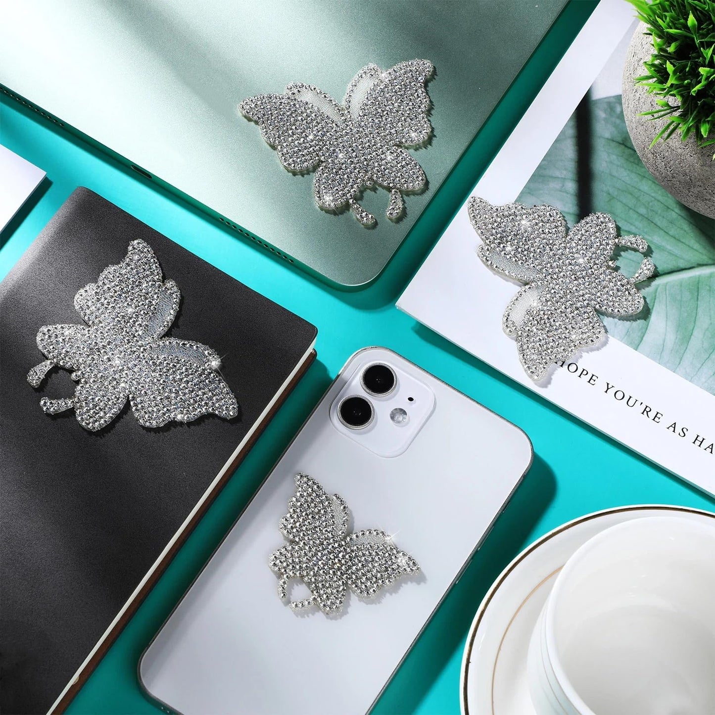 Frienda 8 Pcs Bling Butterfly Car Decals Women Crystal Rhinestone Shiny Butterfly Stickers Accessories for Car Body Bumper Window Laptop Automotive Interior Exterior Sticker Decor(Silver)