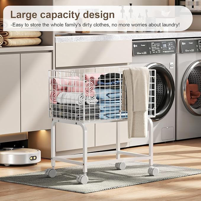 Rolling Laundry Basket with Wheels,80L Wire Laundry Cart with Pull Handle,White High Laundry Basket Cart for Laundry Room,Bathroom,Bedroom-White(23.6 * 15.75 * 28inch)