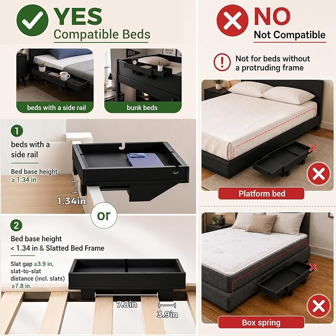 MinBoo Expandable Bamboo Bedside Shelf – Sliding Clip-On Nightstand for Bunk Beds (Fits up to 2.36" Rails), Space-Saving Floating Bed Tray with Cable Slots and Hanging Hooks (Natural Wood)