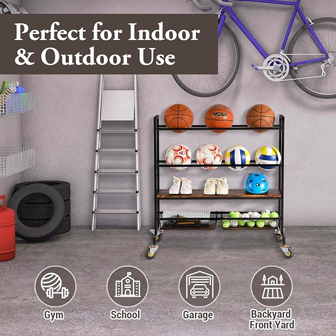 MyGift Sports Ball Organizer for Garage with Wheels, 4 Tier Large Heavy Duty Basketball Holder Stand, Black Metal Sports Equipment Storage Rack with Burnt Solid Wood Shelf, and 2 Basket Training Equip