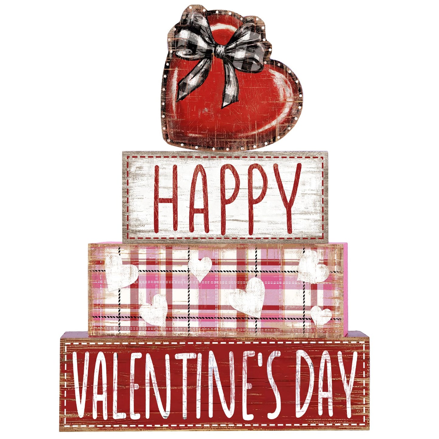 DIYDEC 4Pcs Valentine's Day Table Decoration Valentine Heart Wooden Block Signs Rustic Valentines Tiered Tray Decor Happy Valentine's Day Centerpiece Sign for Farmhouse Holiday Tabletop Party Decor