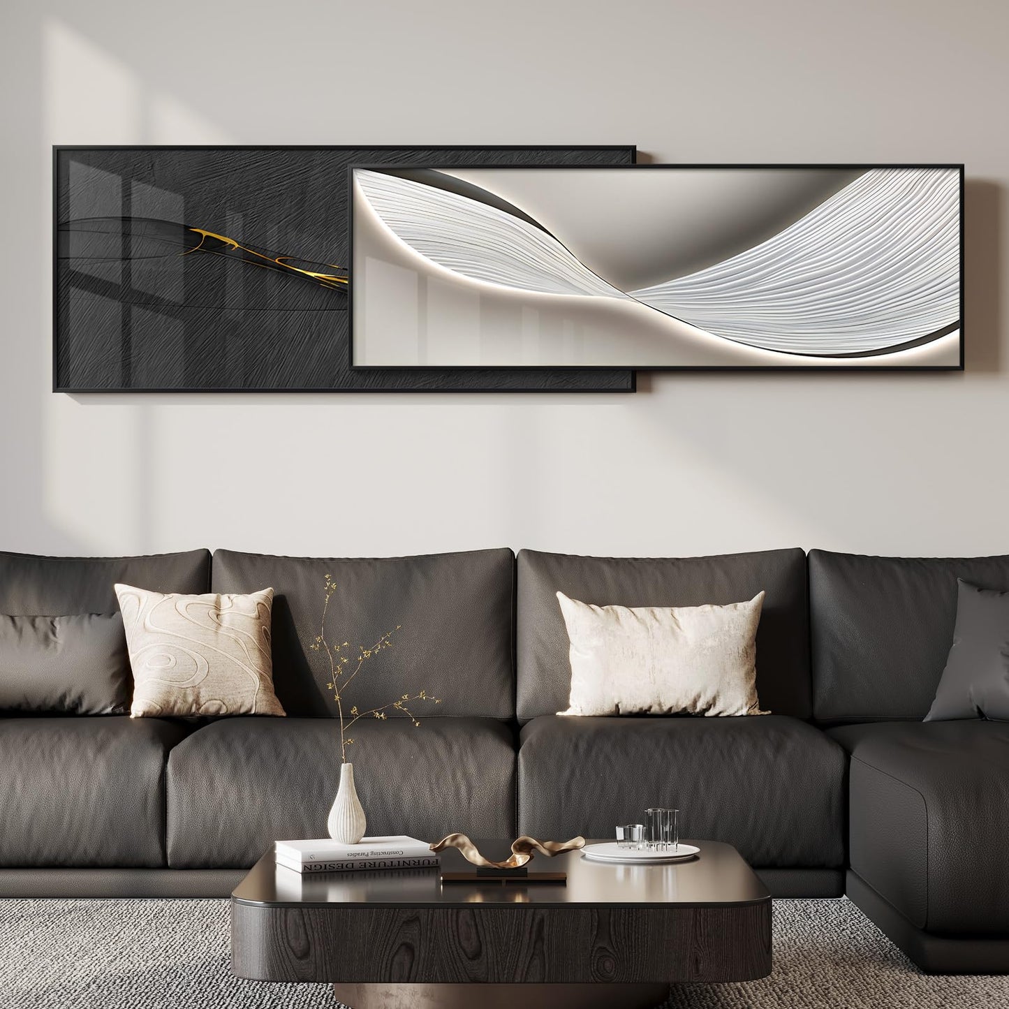 Extra Large Framed Modern Abstract Wall Art for Living Room, Set of 2 Long Horizontal Prints Paintings, Minimalist Black and White Pictures for Hallway Bedroom Dining Room Office Wall Decor