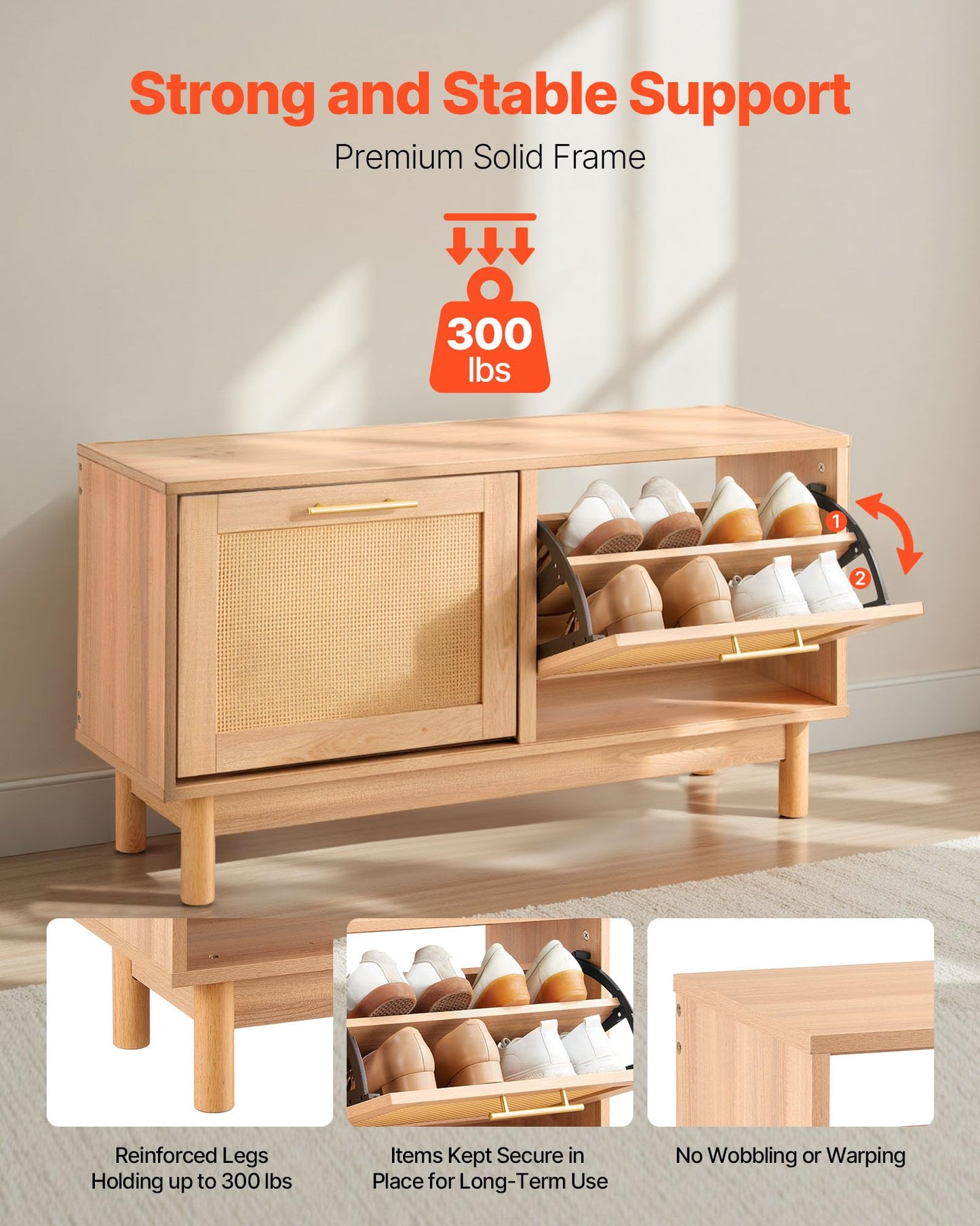 VEVOR Rattan Shoe Storage Bench, Entryway Bench with 2 Flip Drawers, Holds up to 300 lbs with 4 Compartments and 2 Rattan Doors, 39.4 x 11.8 x 20.9 Inches for Hallway, Living Room, Bedroom