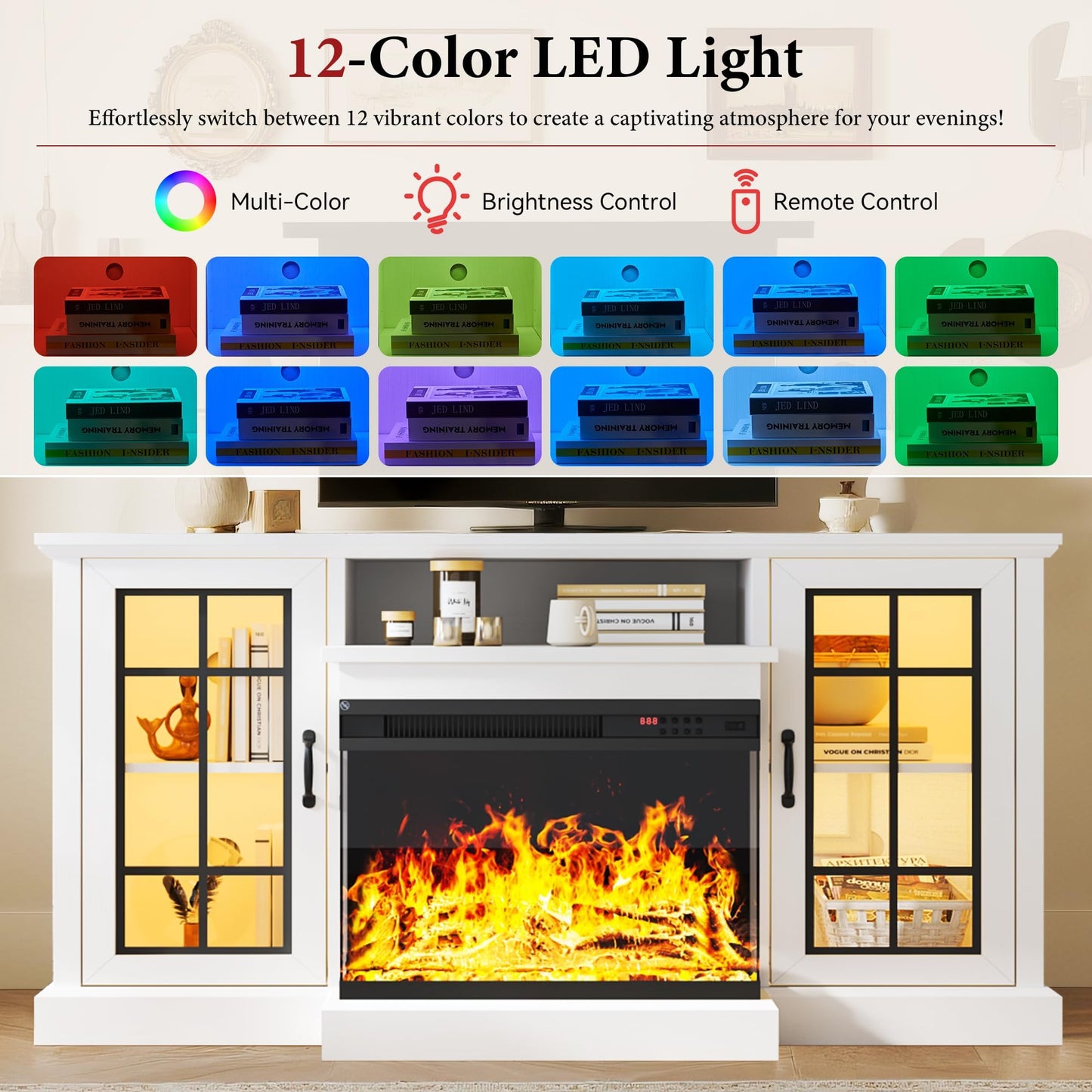 MXV 59'' Fireplace TV Stand, Farmhouse Entertainment Center with 3 Sided Glass TV Stand, Modern Media Console Table with Storage Drawers & Cabinets with LED Flame and Lights for Living Room, White