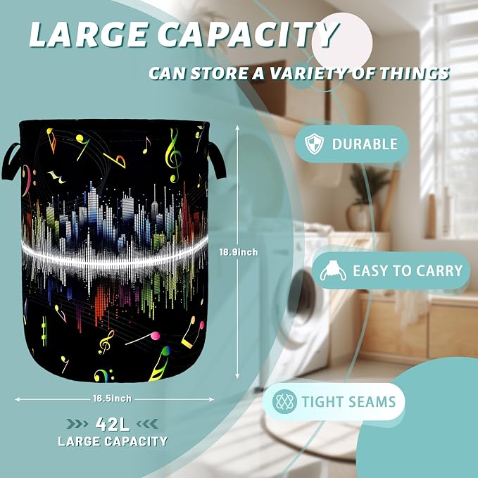 Colorful Music Notes Laundry Basket Music Laundry Hamper Foldable Oxford Cloth Funny Tote Bag Clothes Toy Storage Bucket For Bathroom/Laundry Storage/Bedroom 18.9 x 16.5 Inch