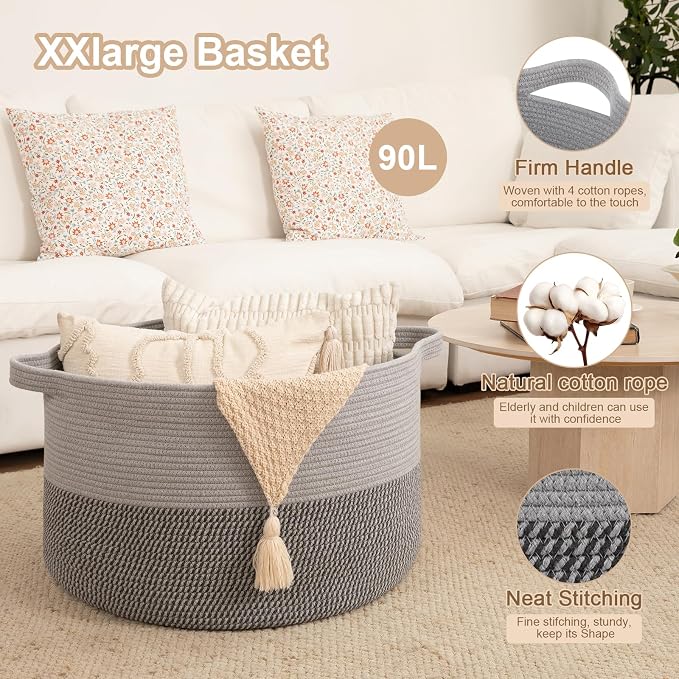 OIAHOMY 90L XXXLarge Blanket Basket for Living Room, 21.7" x 13.8" Woven Cotton Rope Laundry Basket for Organizing Pillows, Decorative Stuffed Animal Toy Storage for Nursery, Lighe Grey and Dark Grey