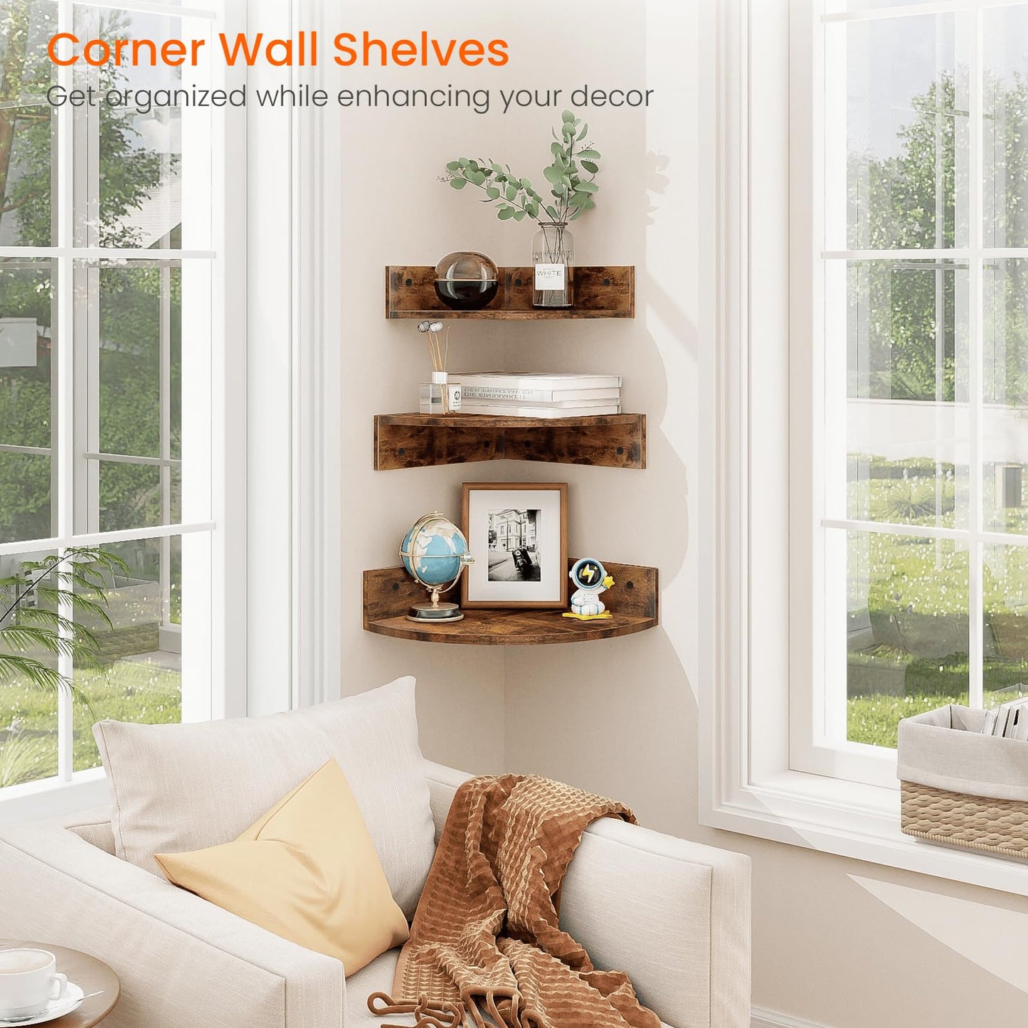 Homode Corner Shelf Wall Mount, Set of 3 Floating Corner Shelves with Cord Hole, 3 Tier Wood Wall Display Shelf, Storage for Bathroom Living Room Kitchen Bedroom, Rustic Brown and Black