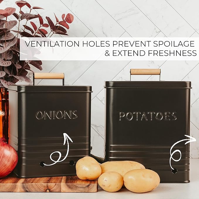 ZICOTO Beautiful Potato and Onion Storage Container Set, 10.1" & 8.9" - Perfectly Sized Spacious Canisters For Your Kitchen Counter Or Pantry - Food Safe Metal Bins Keep Produce Fresh Longer