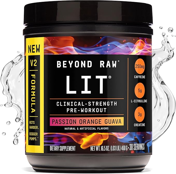 BEYOND RAW LIT V2 Clinical Strength Pre Workout Powder, Hits Harder, Bigger Pumps, Caffeine, L-Citrulline, Creatine, Passion Orange Guava, 30 Servings