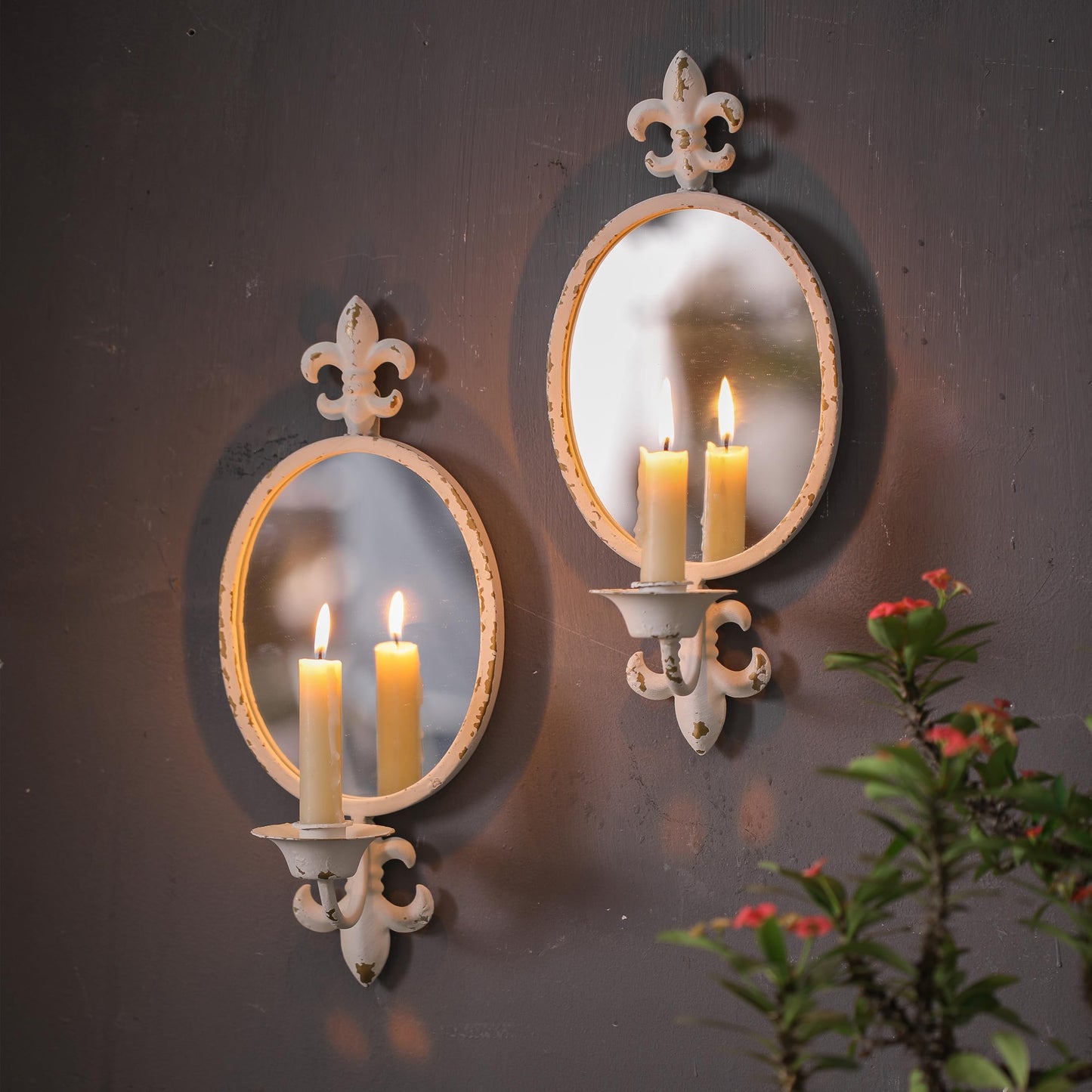 SOFE Metal Shabby Chic Wall Sconces Set of Two Candle Holder, Oval Mirrored Wall Candle Holder for Taper Candles, Iron White Candle Sconces for Living Room, Farm House Home Decor