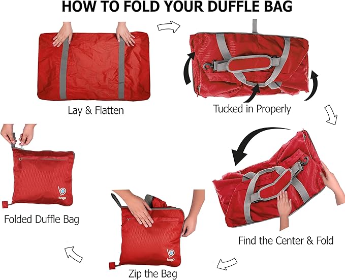 Bago Large Foldable Duffel Bags for Traveling Women & Men - 120L Packable Duffle Bag for Travel with Shoe Compartment - Water Repellant, Heavy Duty, Lightweight Folding & Collapsible (Red)