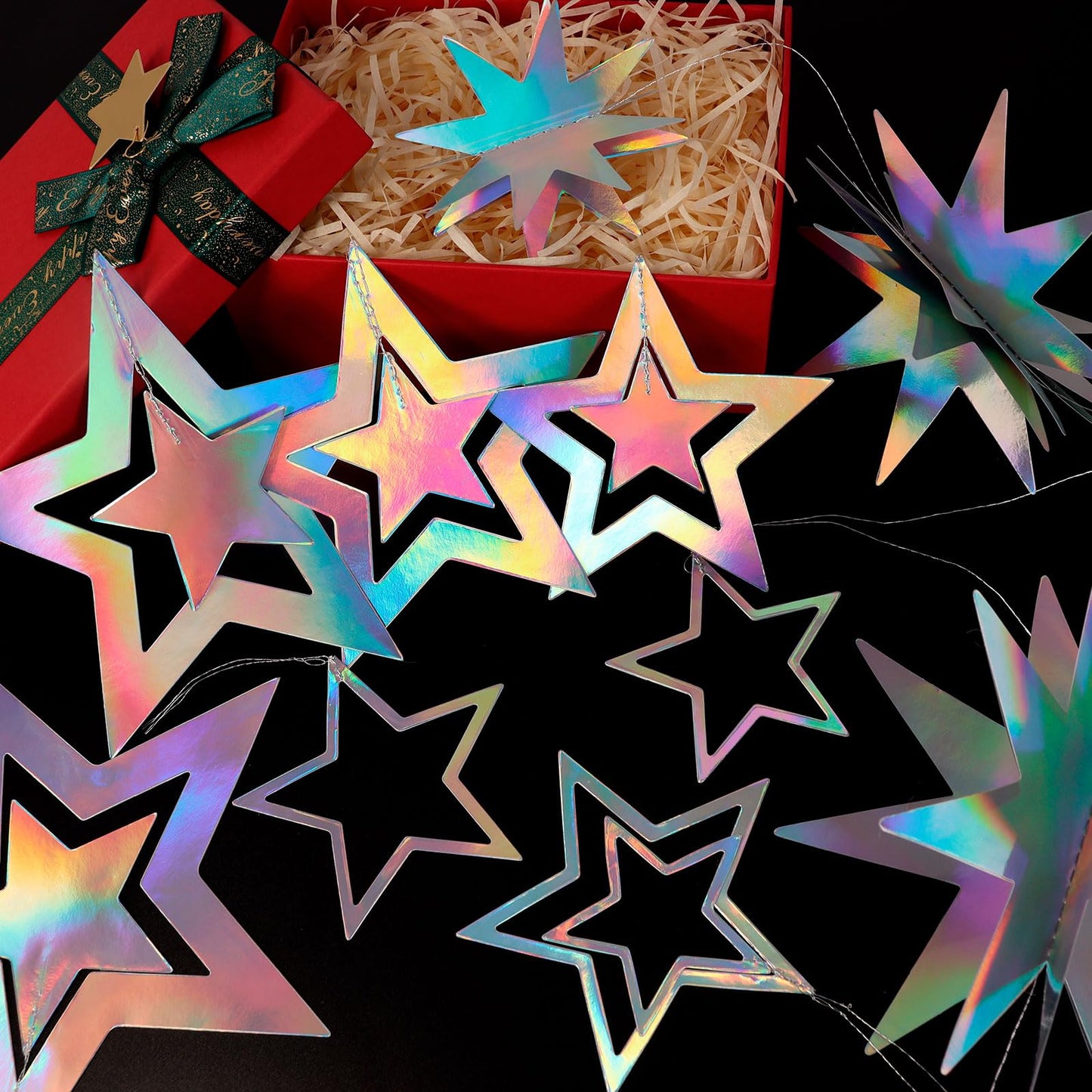 KINYFY Star Garland Decorations Kit, Holographic Twinkle Little Stars Garlands, Glitter 3D Star Hanging Streamer Backdrop Banner for Birthday, Baby Shower, Graduation, Wedding, Ramadan, EID