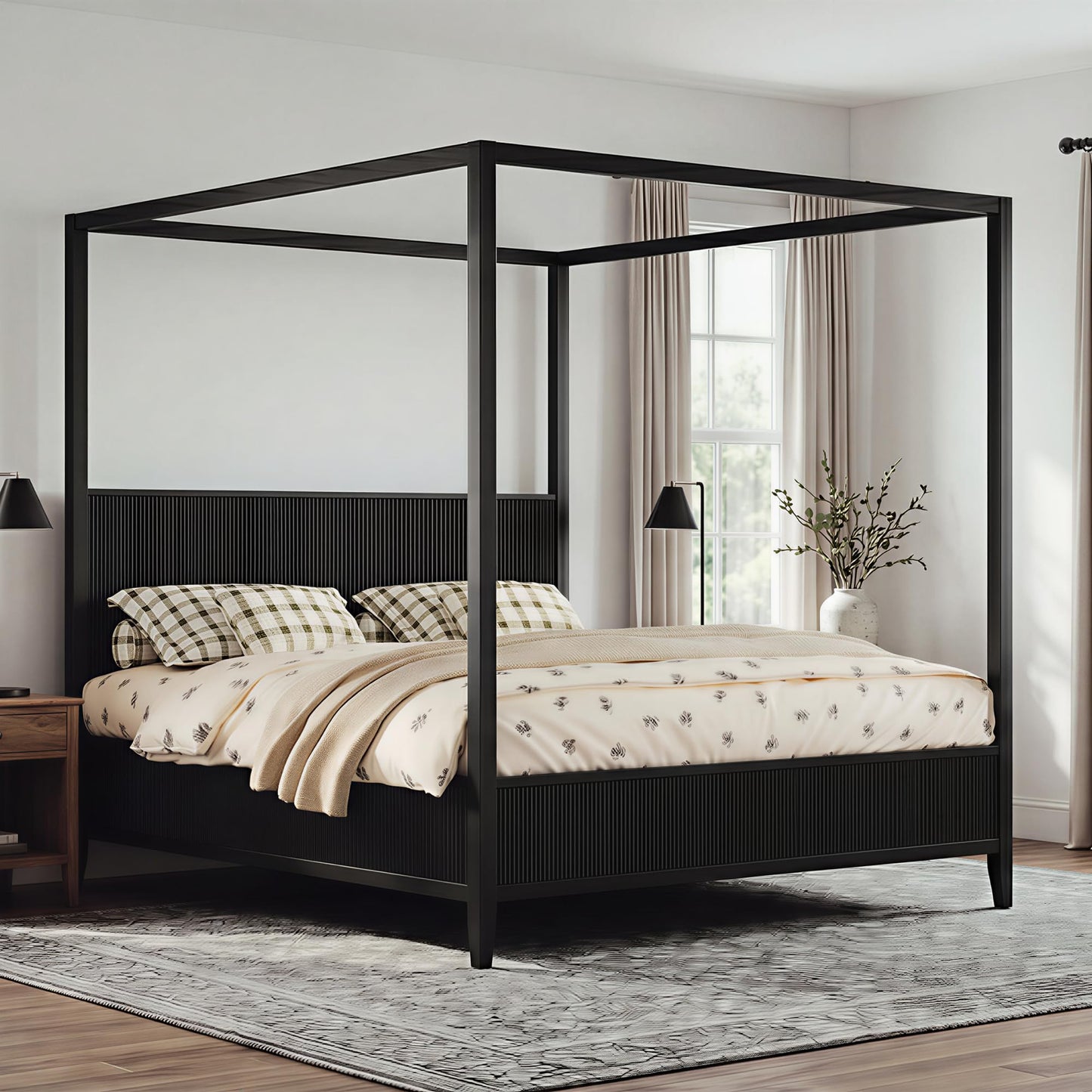 Merax Modern Luxury King Size Wooden Canopy Bed Frame with Headboard, Slats Support, Wood 4 Poster Bed Frame, No Box Spring Needed, Contemporary Bedroom Furniture, Black