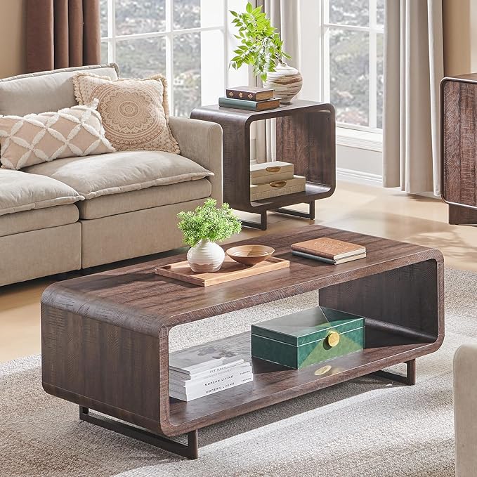 IFGET 48" Modern Coffee Table, 2-Tier Minimalist Center Table with Storage Shelf, Curved Profile Design, Wooden Rectangular Living Room Table w/Wood Thick Design for Living Room, Office, Brown