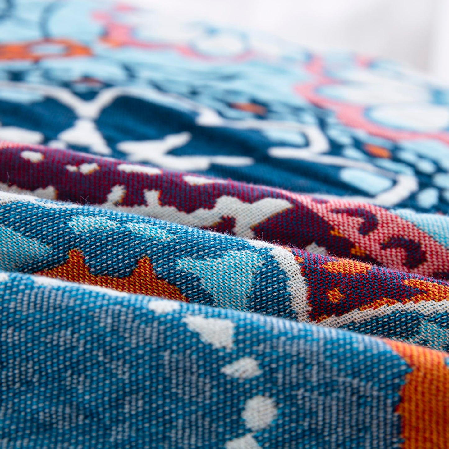 BRYALIX 100% Cotton Muslin Floral Bed Throw Blanket, Lightweight Muslin Quilt, Boho Farmhouse with Fringe, Blue Orange Pink Patchwork, Reversible Jacquard Blanket for Home, Picnic, Travel, 90"x98"