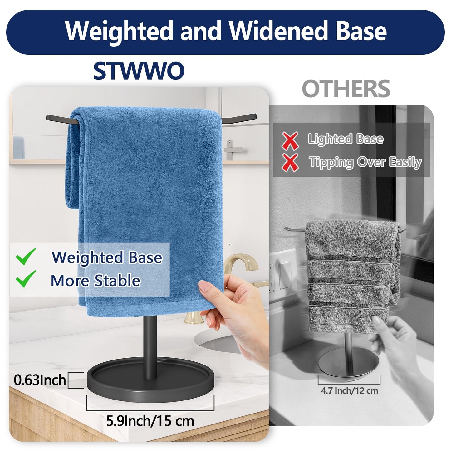 STWWO Hand Towel Holder, Stainless Steel Towel Holder Stand for Bathroom, Kitchen Countertop, T-Shaped Hand Towel Rack Stand, Black